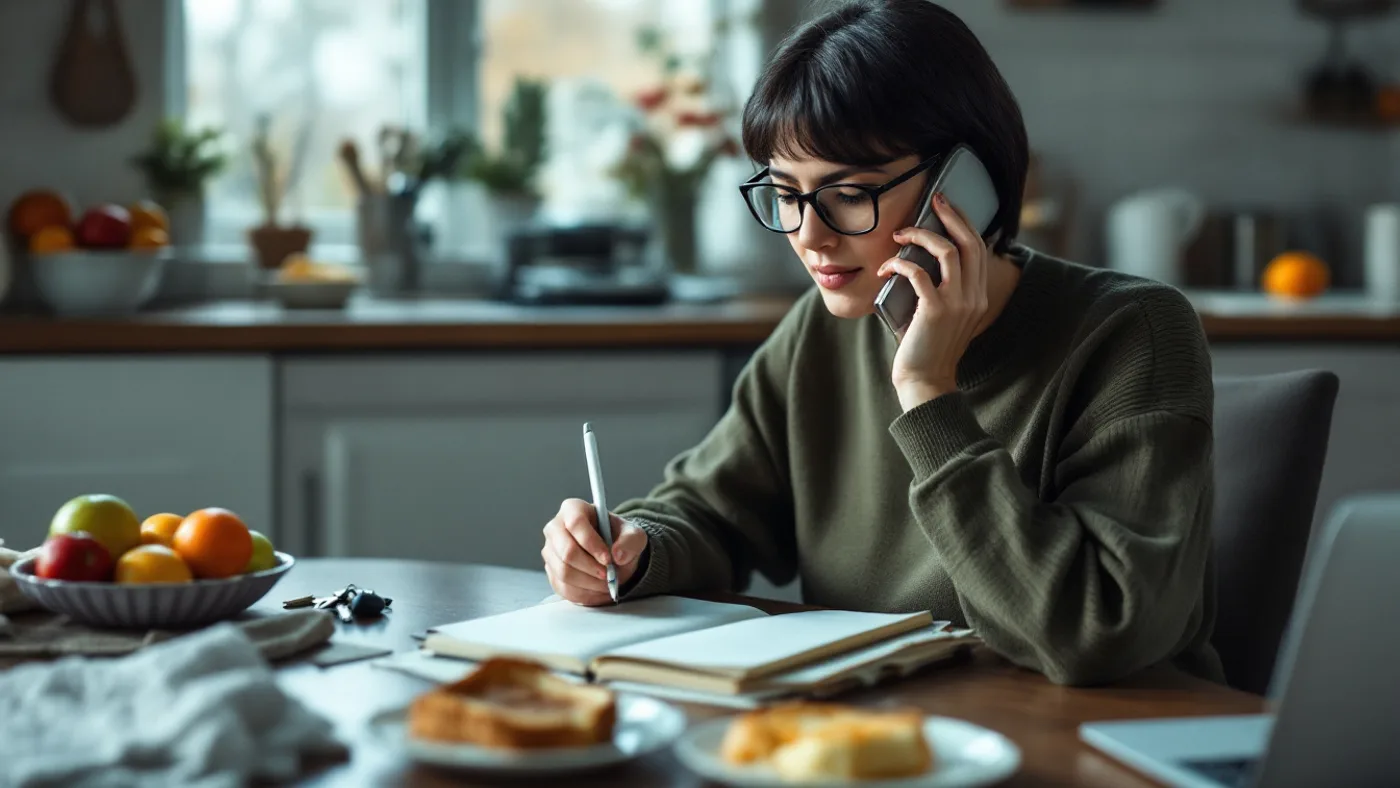 A business owner on the phone at a kitchen table, making notes in an open notebook.
