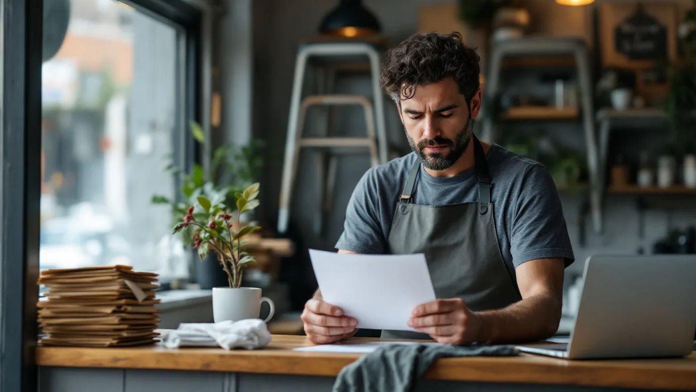 A cafe owner in an apron reading a letter at the counter after closing, unopened mail stacked beside him.