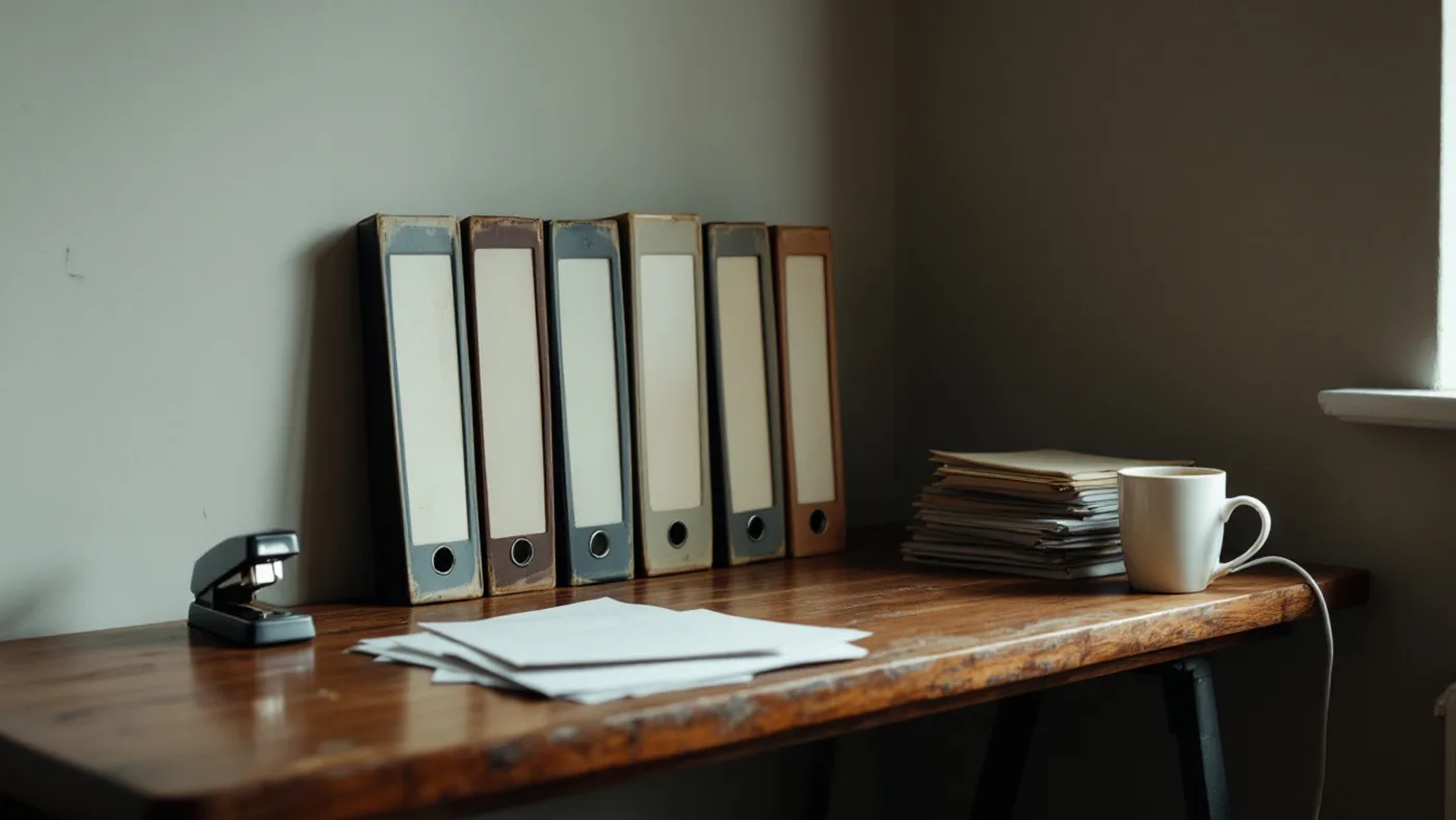 Well-used lever arch files and squared-off paperwork on a worn timber desk in a home office.