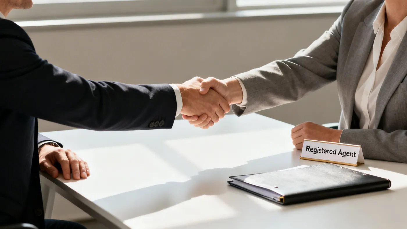 Two business professionals shaking hands across a table.