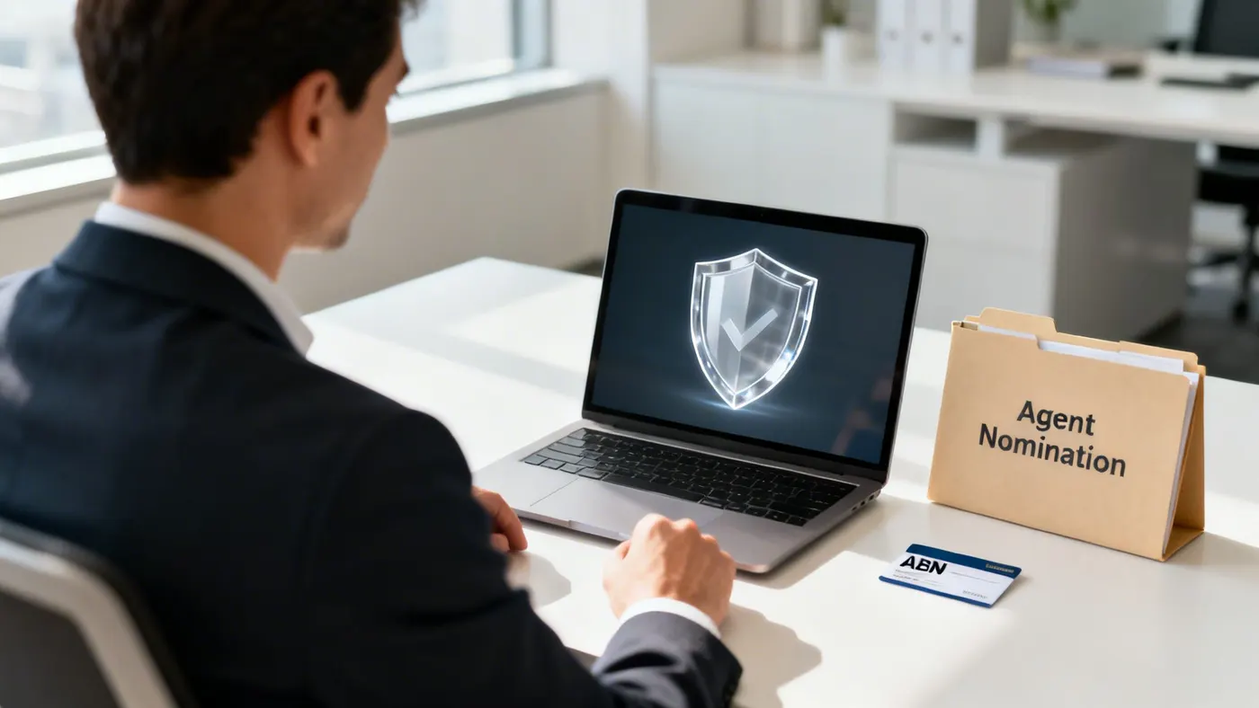 A business owner reviewing a secure agent nomination on a laptop.
