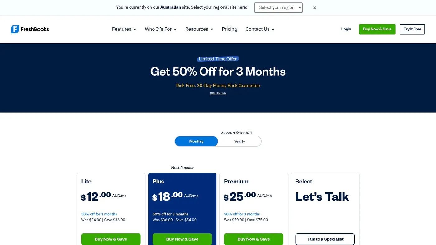 A screenshot of the FreshBooks pricing page showing different plans available for Australian businesses.