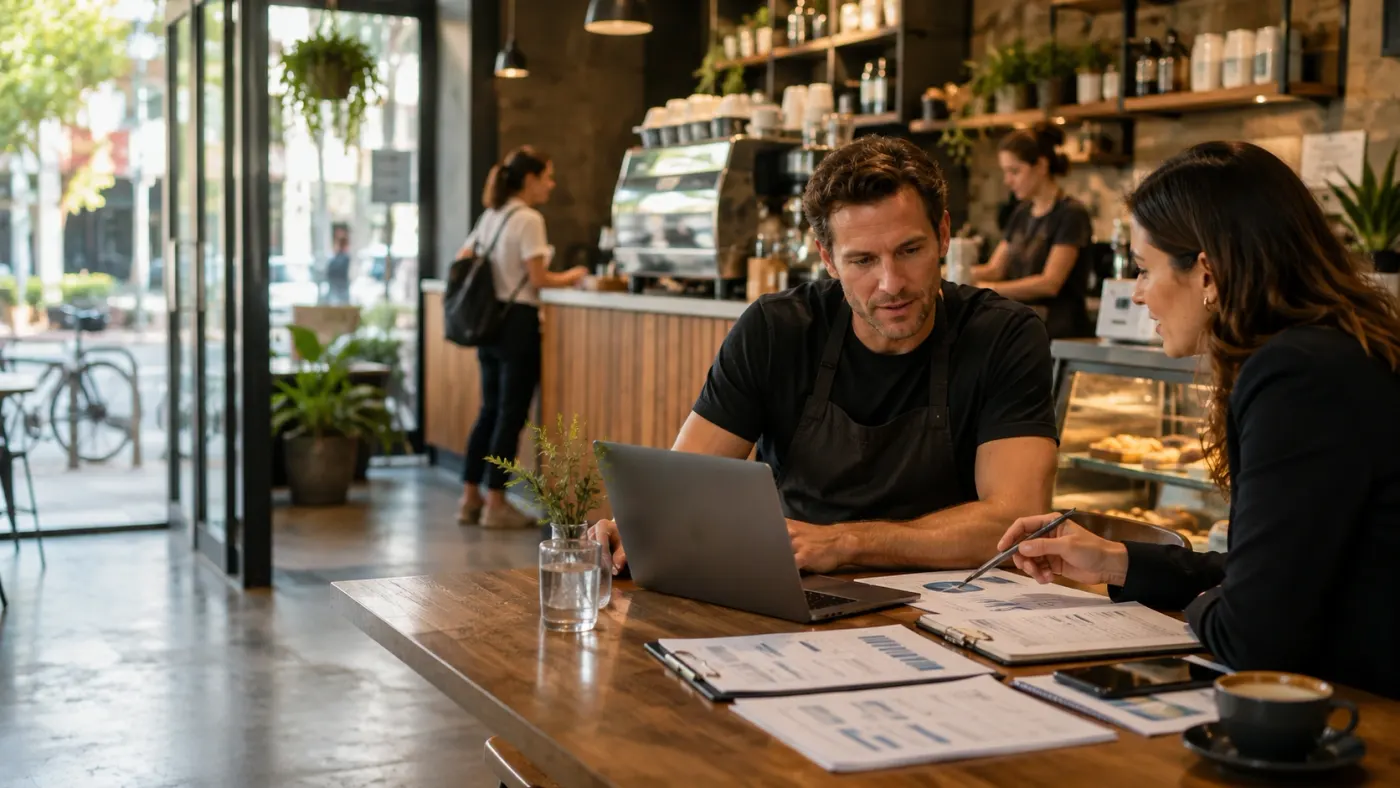 A cafe owner and his accountant going over printed reports on a laptop at a table in the cafe.