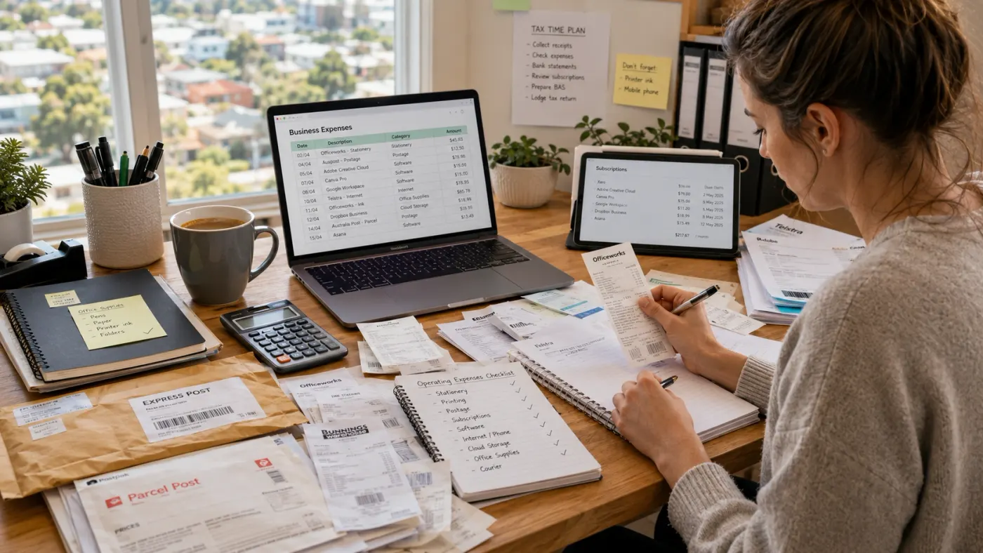 A business owner working through receipts and subscription statements against a handwritten operating expenses checklist.
