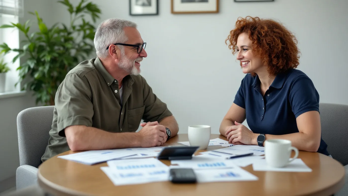 An accountant and a business owner talking across a table spread with printed financial reports.