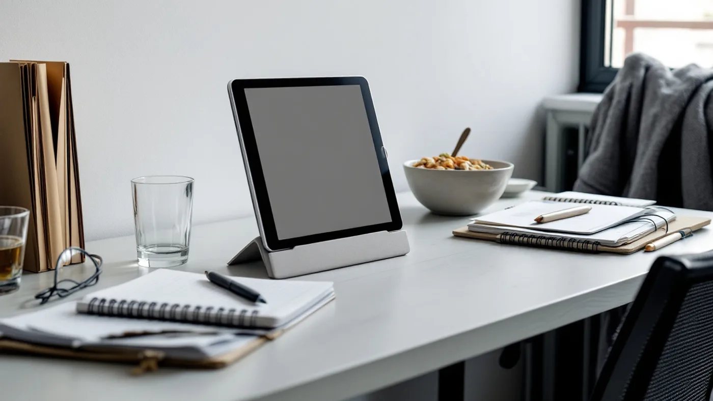 A tablet on a stand on a small business desk with notebooks, folders and a cereal bowl.