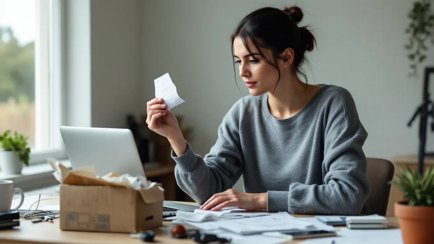 A small business owner checking a paper receipt against a laptop at a home office desk.