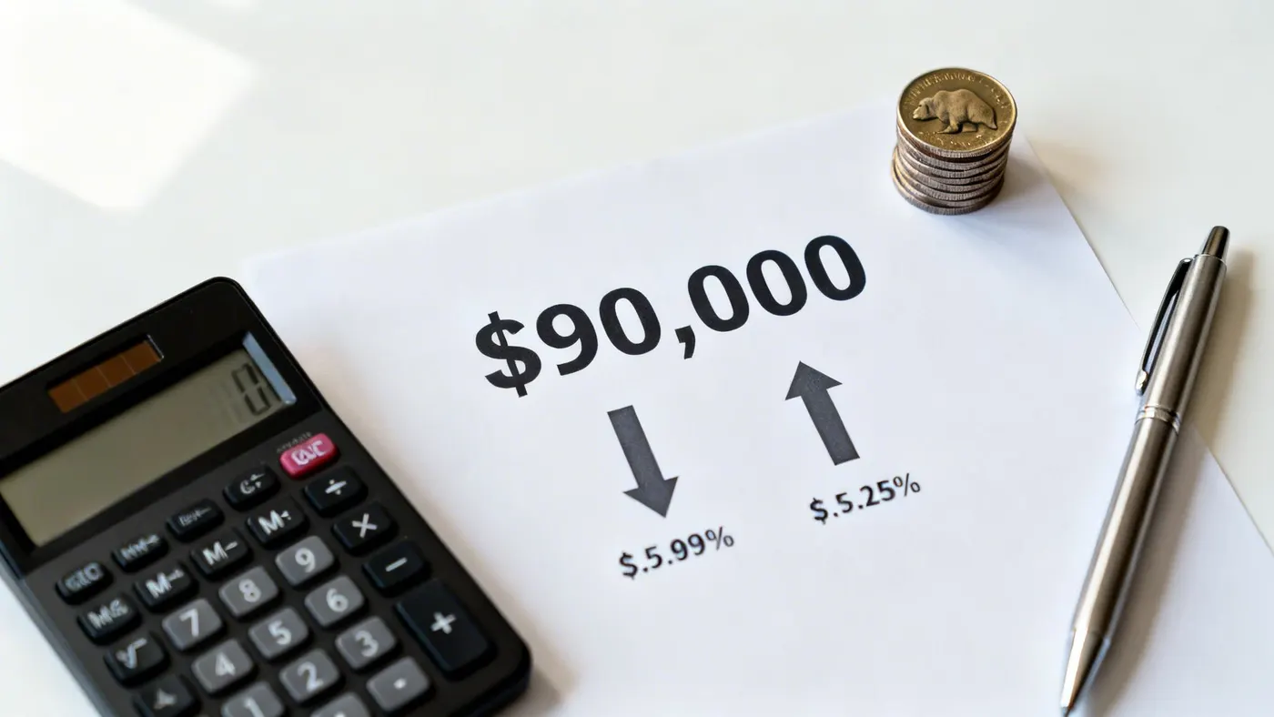 A financial document showing $90,000, interest rates, a calculator, stacked coins, and a pen.