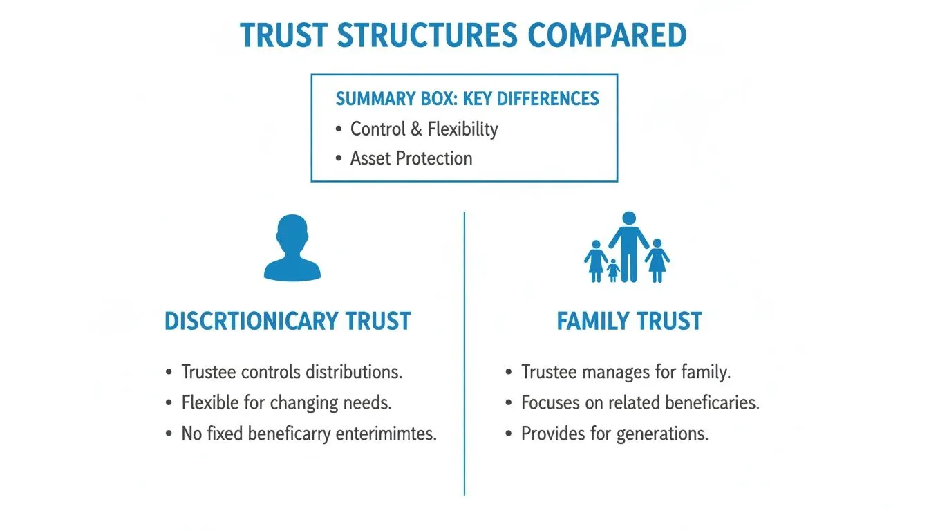 An infographic comparing discretionary trust and family trust structures, outlining key differences in control, flexibility, and asset protection.