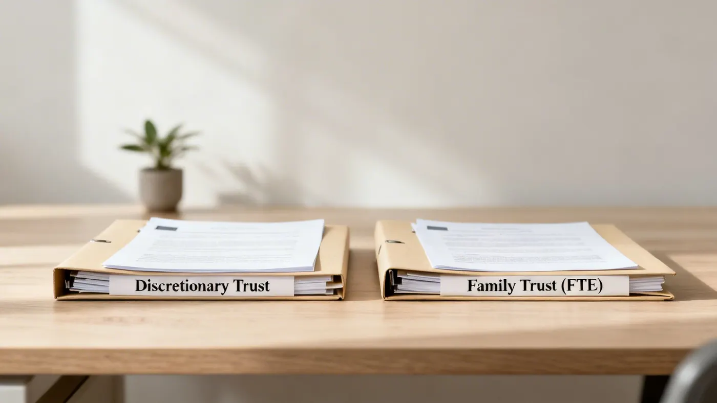 Two folders on a wooden desk, one labeled 'Discretionary Trust' and the other 'Family Trust (FTE)'.