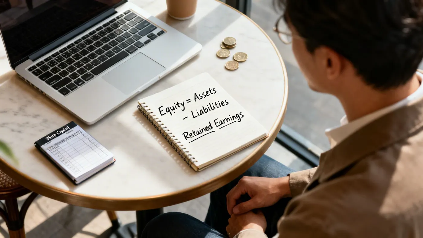A person working through financial calculations in a notebook beside a laptop.