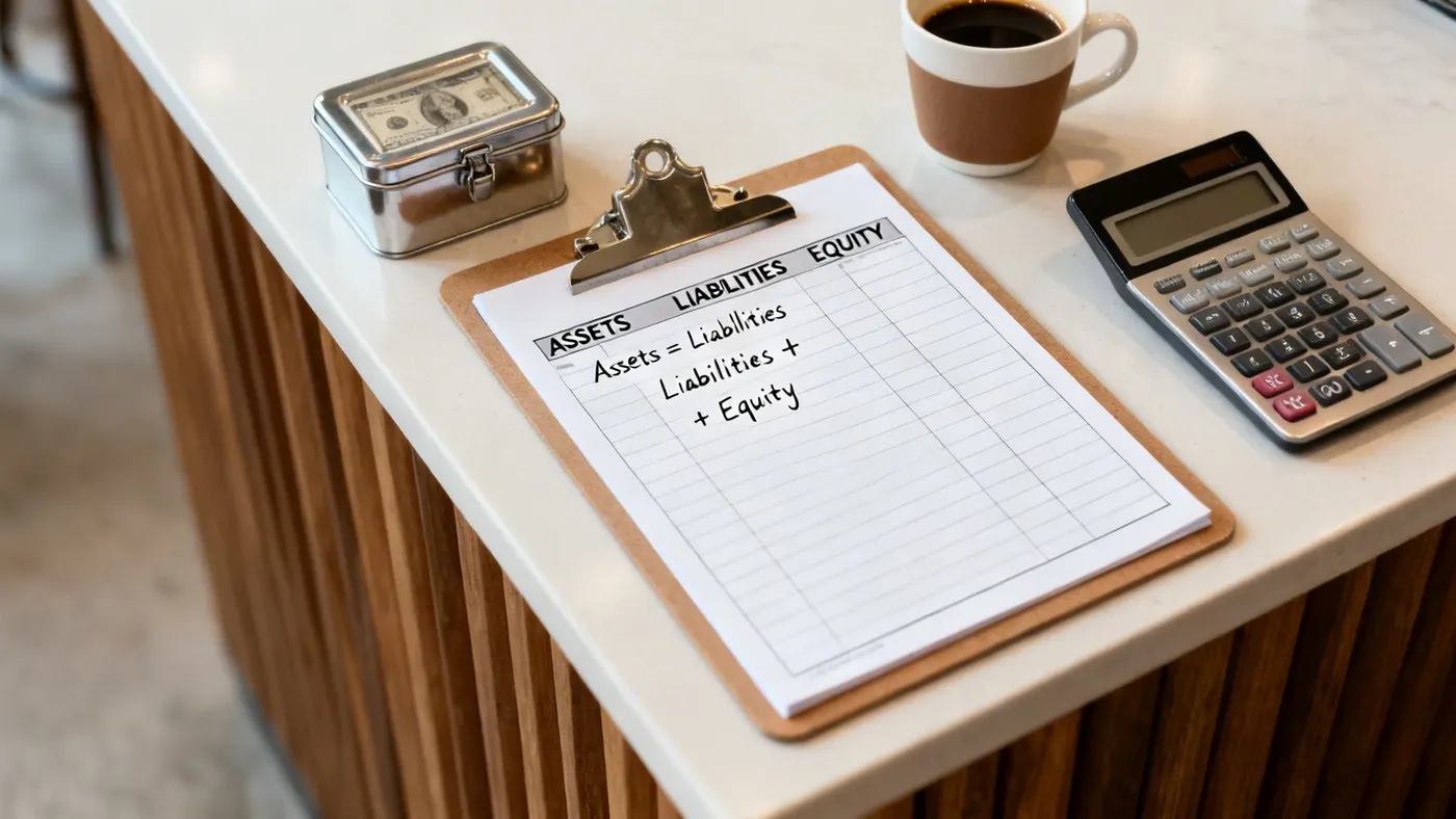 A balance sheet, calculator and cash laid out on a desk.