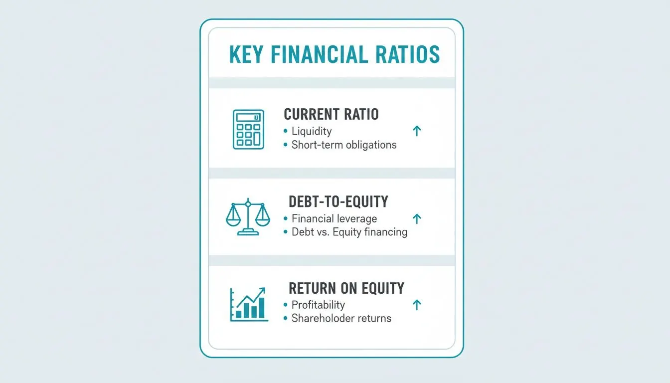 Diagram explaining the current ratio, debt-to-equity ratio and return on equity.