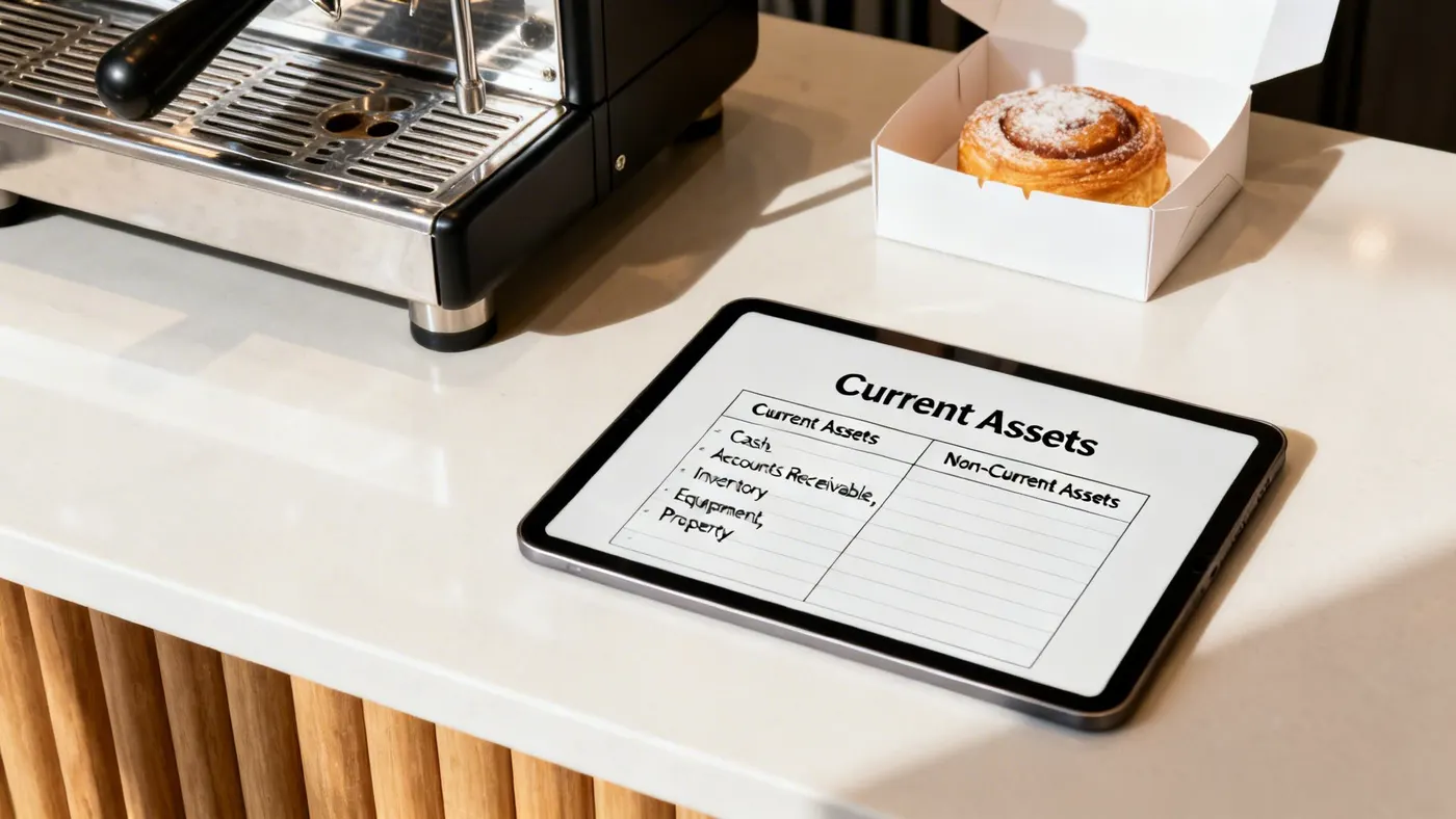 A tablet showing a balance sheet with current and non-current assets, beside an espresso machine.