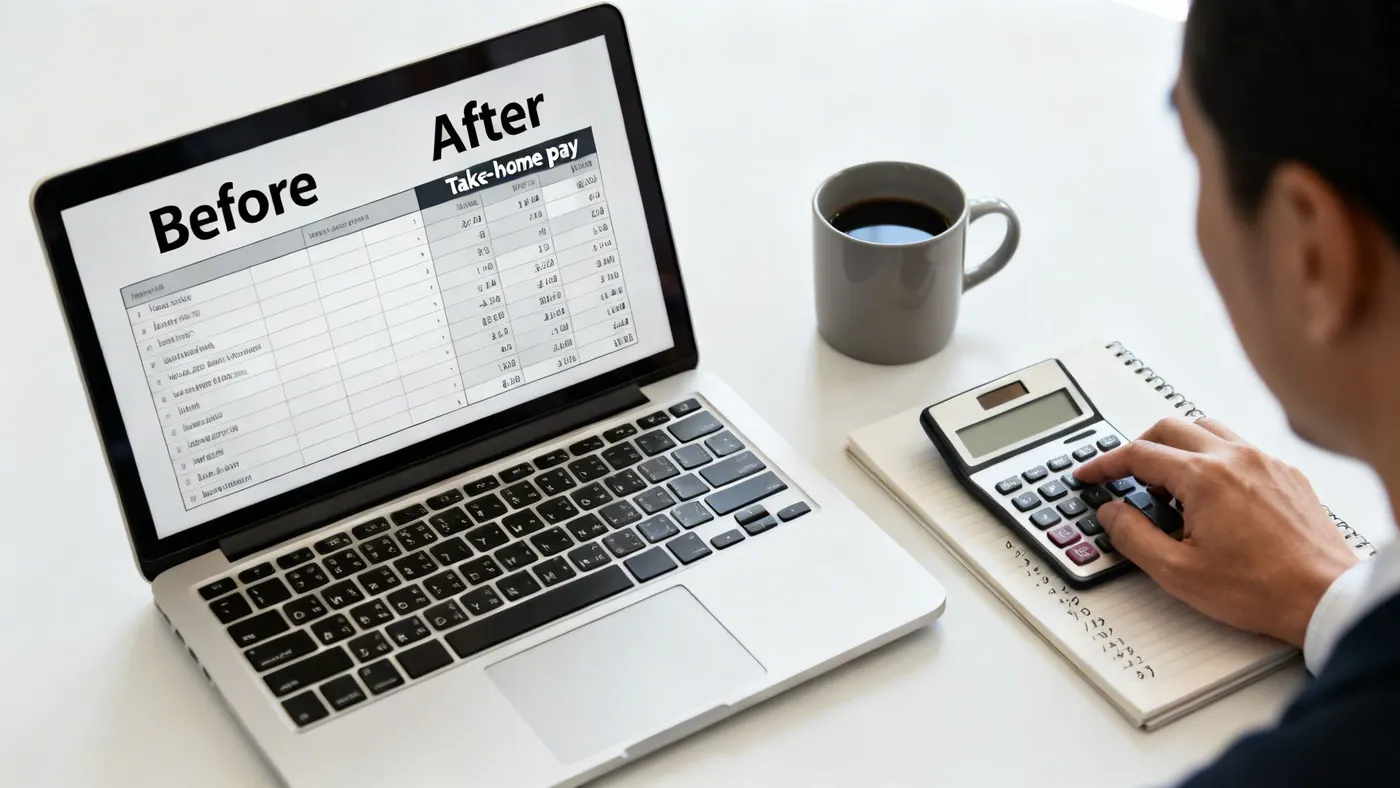 A person calculates finances using a calculator and laptop, showing 'Before' and 'After Take-home pay' spreadsheet.