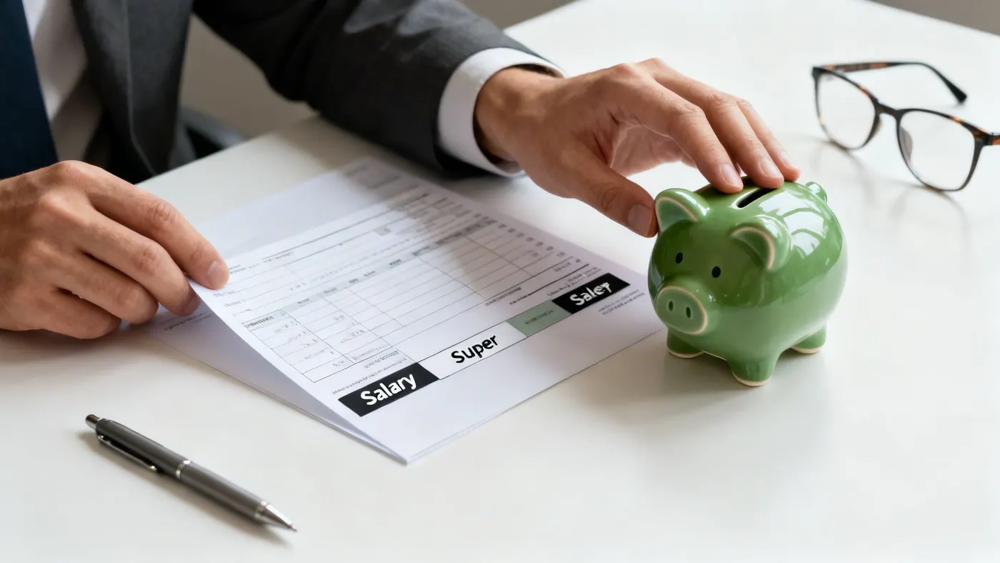 A person's hands are placing money into a green piggy bank while reviewing a salary and super document.
