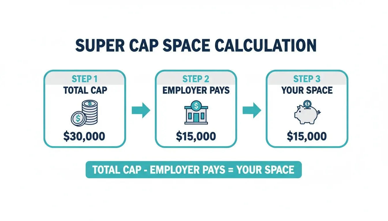 An infographic showing the super cap space calculation: Total Cap ($30,000) - Employer Pays ($15,000) = Your Space ($15,000).
