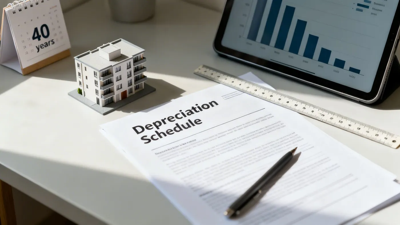 A desk with a 'Depreciation Schedule' document, model building, calendar showing '40 years', tablet, pen, and ruler.