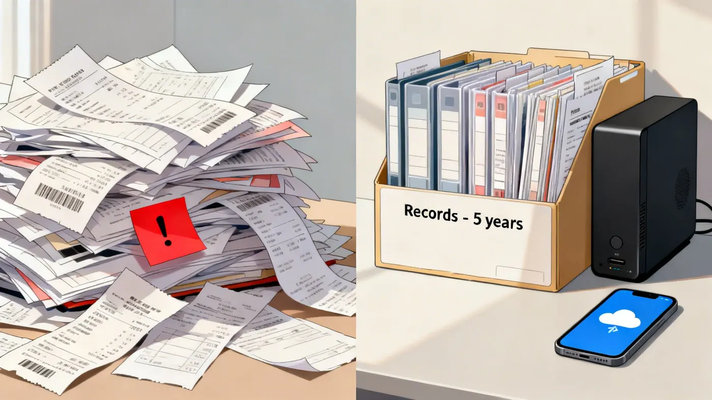 A split image contrasting a messy pile of paper receipts with organized digital records and folders.