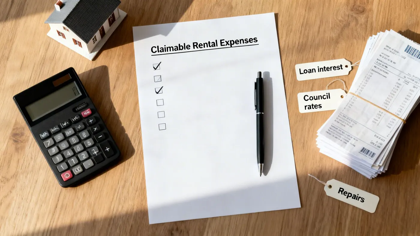 Flat lay of rental expense checklist, calculator, miniature house, and tags for loan interest, council rates, and repairs.