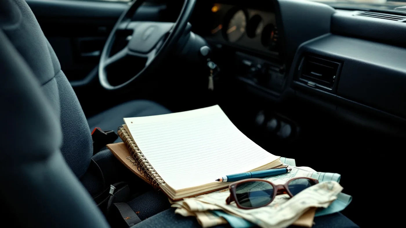 An open notepad and pen resting on the passenger seat of a car alongside a folded map and sunglasses.