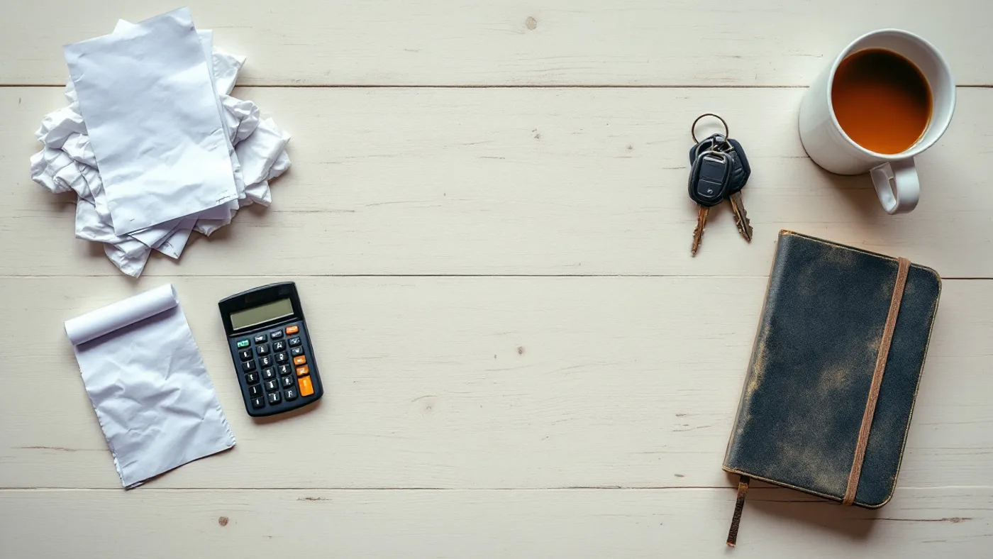 Car expense paperwork, a calculator, keys and a notebook spread on a pale timber table.