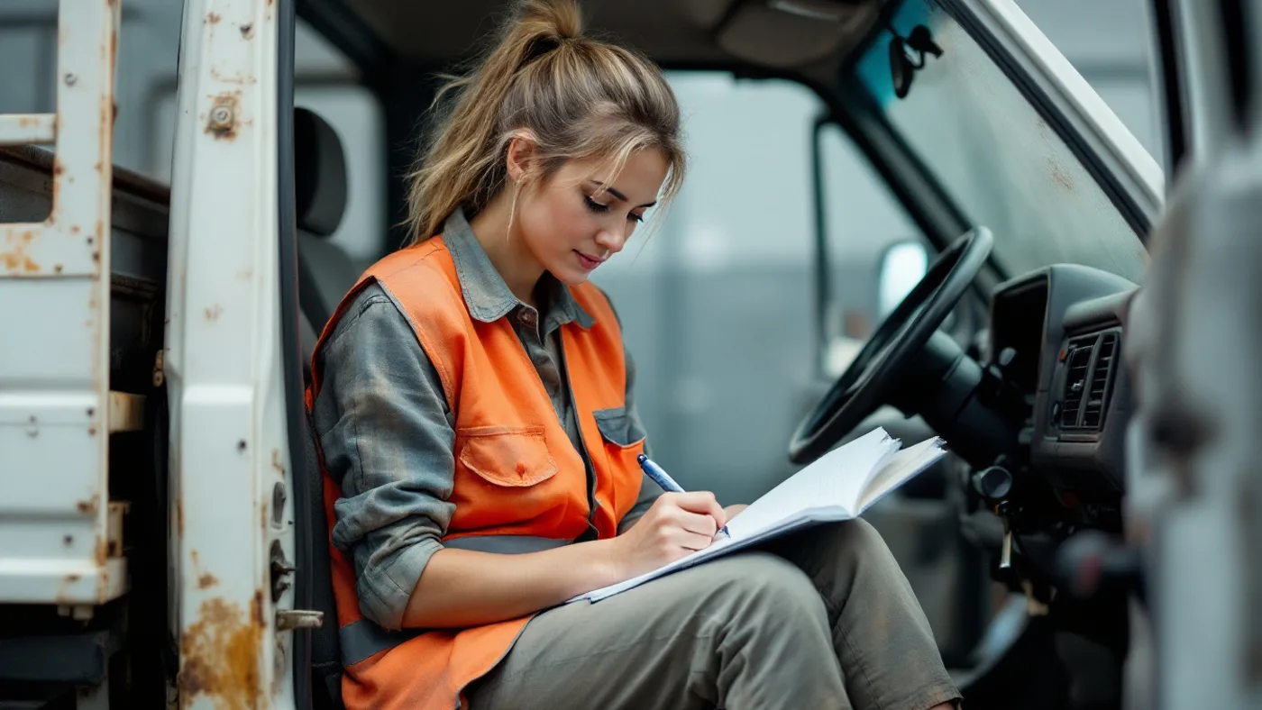 A tradesperson sitting in the open door of a work ute, writing in a notepad on her knee.