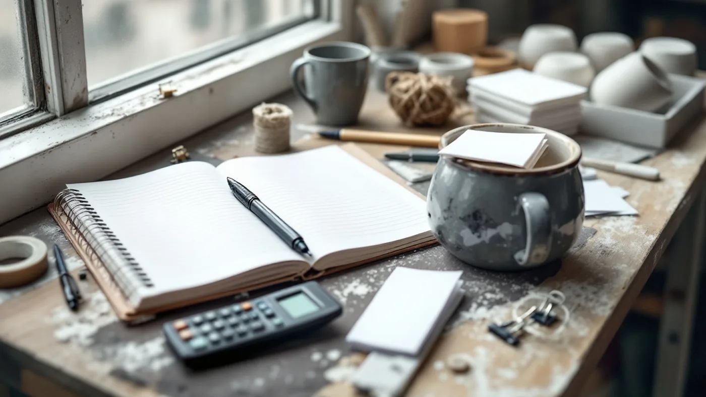 A craft workshop bench with a blank notebook, calculator and unwrapped ceramics.