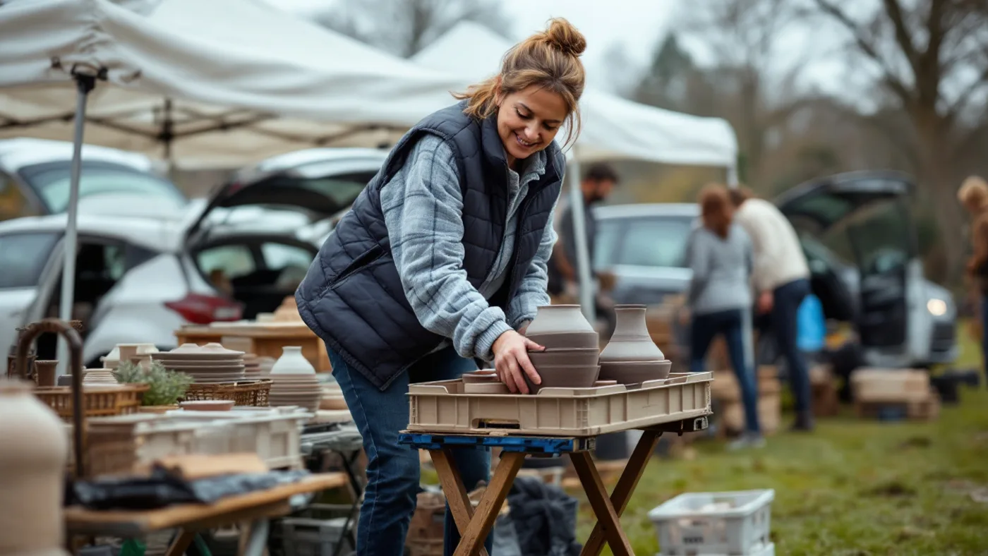 A stallholder setting up a trestle table of ceramics at an outdoor weekend market.