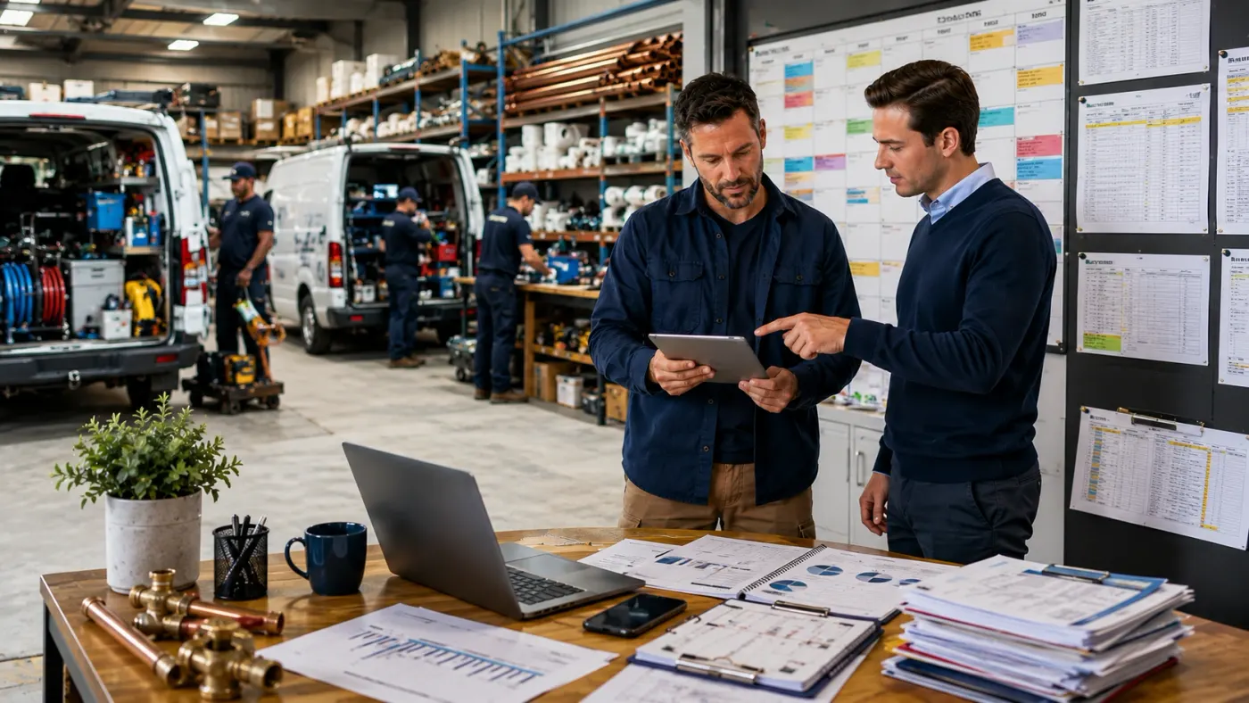 An accountant showing a plumbing business owner figures on a tablet in the company workshop.