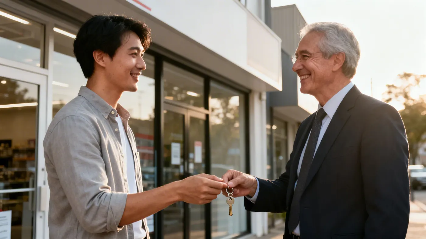 One person handing a set of keys to another outside a commercial property.