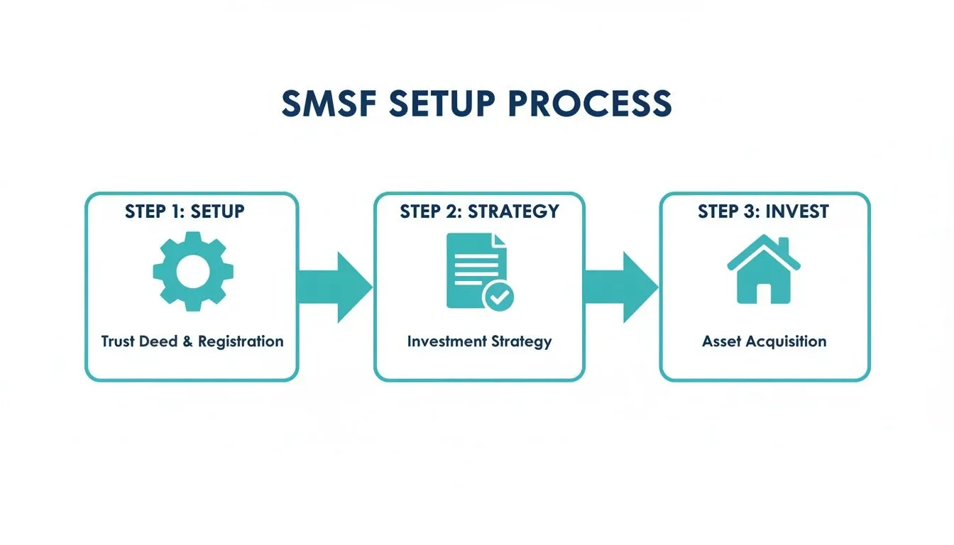 The three stages of buying property through an SMSF: set up the trust deed and register the fund, document the investment strategy, then acquire the asset.