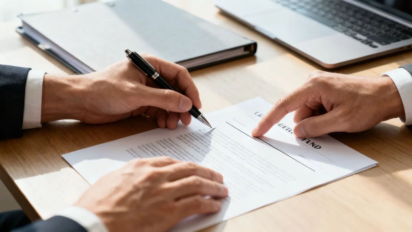 Two people reviewing and signing a legal document at a table.