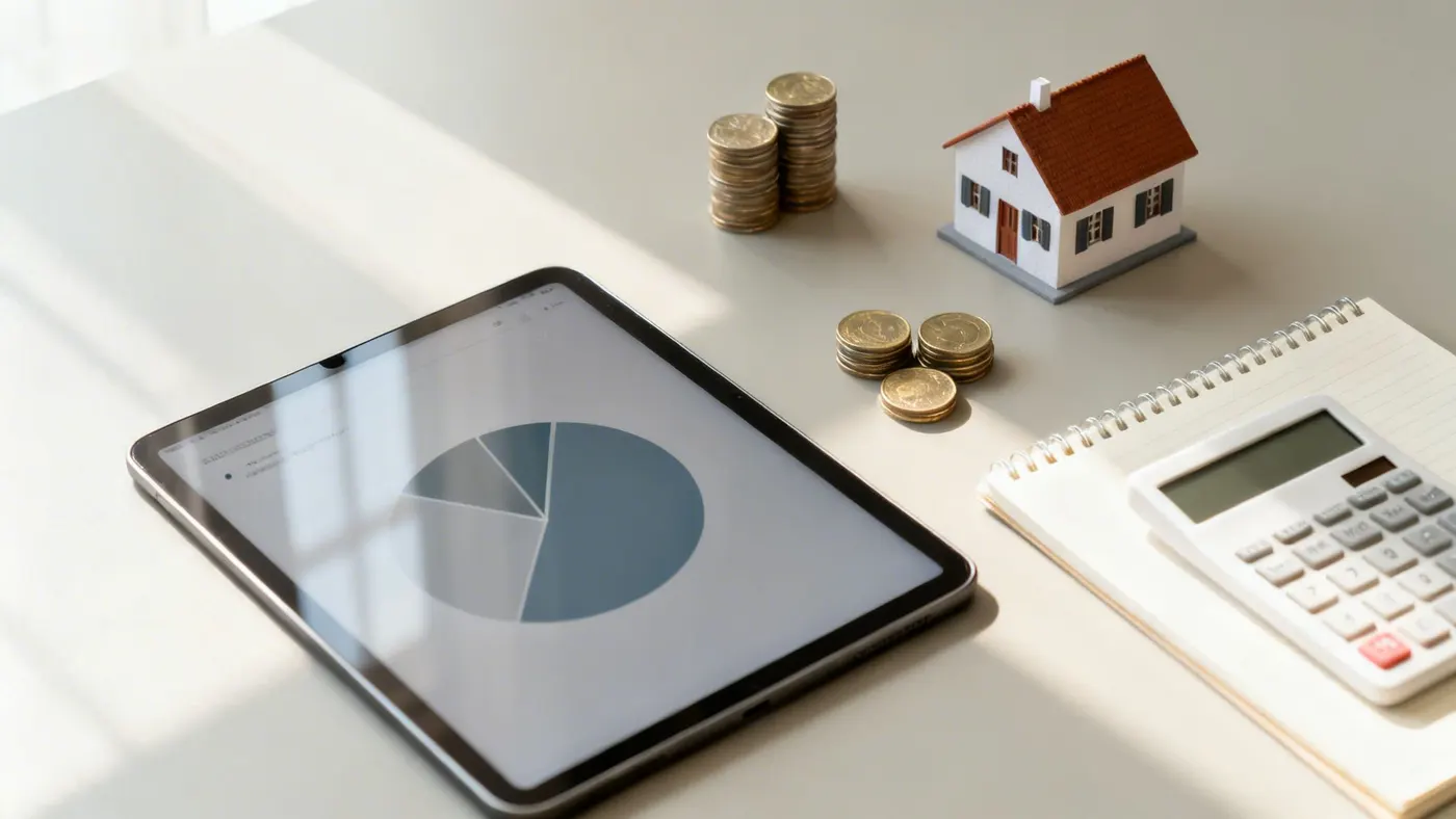 A tablet showing an investment allocation chart alongside coins, a model house and a calculator.
