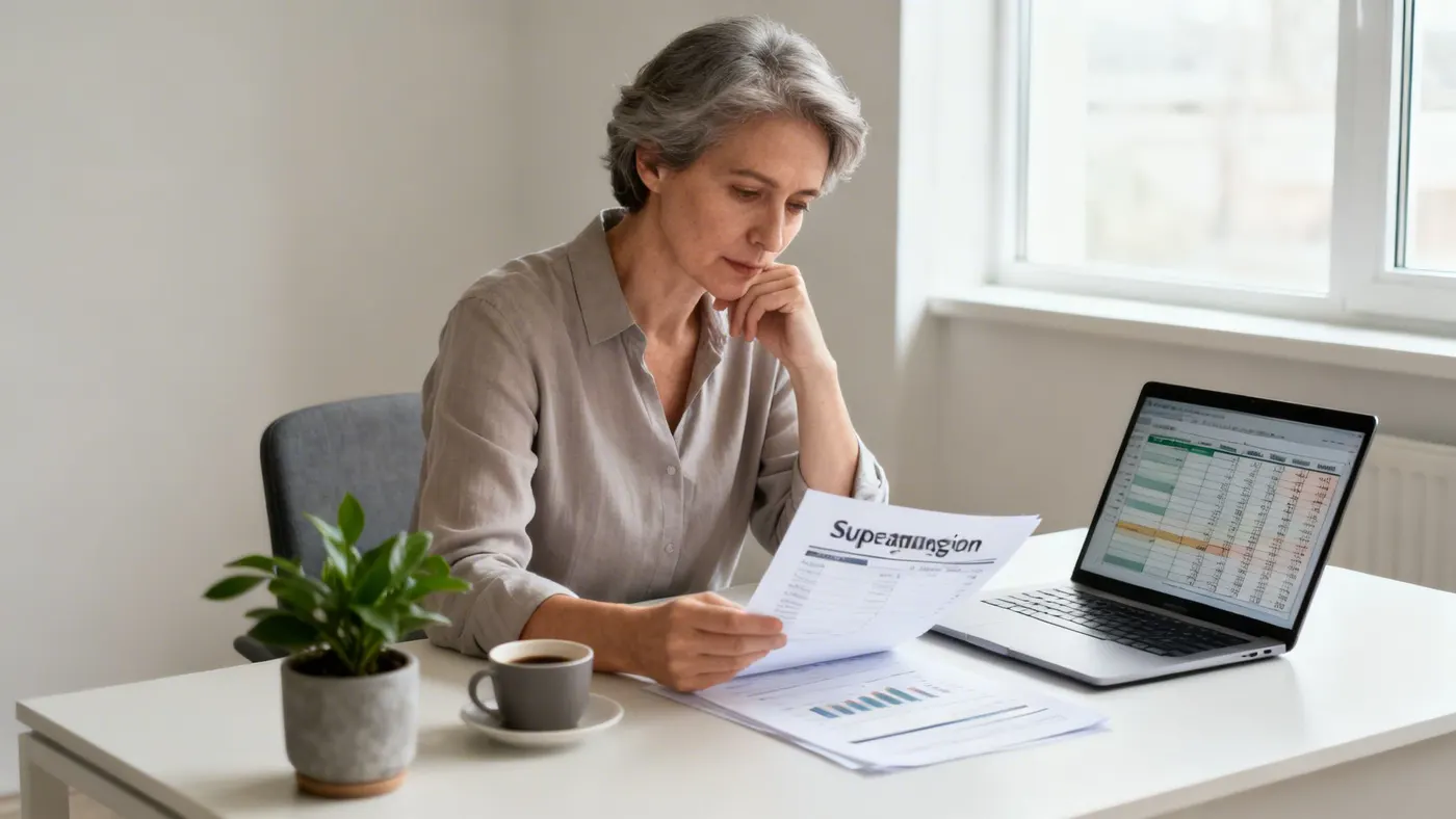 A woman reviewing superannuation documents and financial data on a laptop.