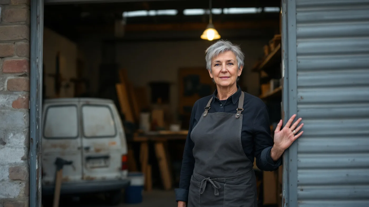 A workshop owner standing in the open roller door of her business at the end of the day.