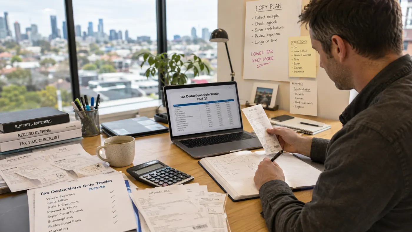 A sole trader checking receipts against a deductions checklist, with an end of financial year plan pinned above the desk.