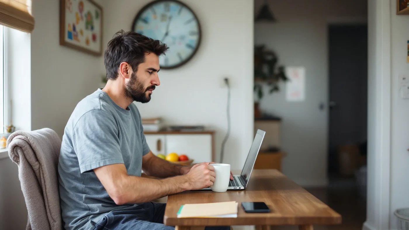 A man working on a laptop at the dining table of an ordinary home, mug in hand.