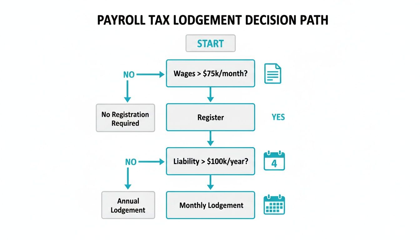 Flowchart showing the payroll tax lodgement decision path based on monthly wages and annual liability.