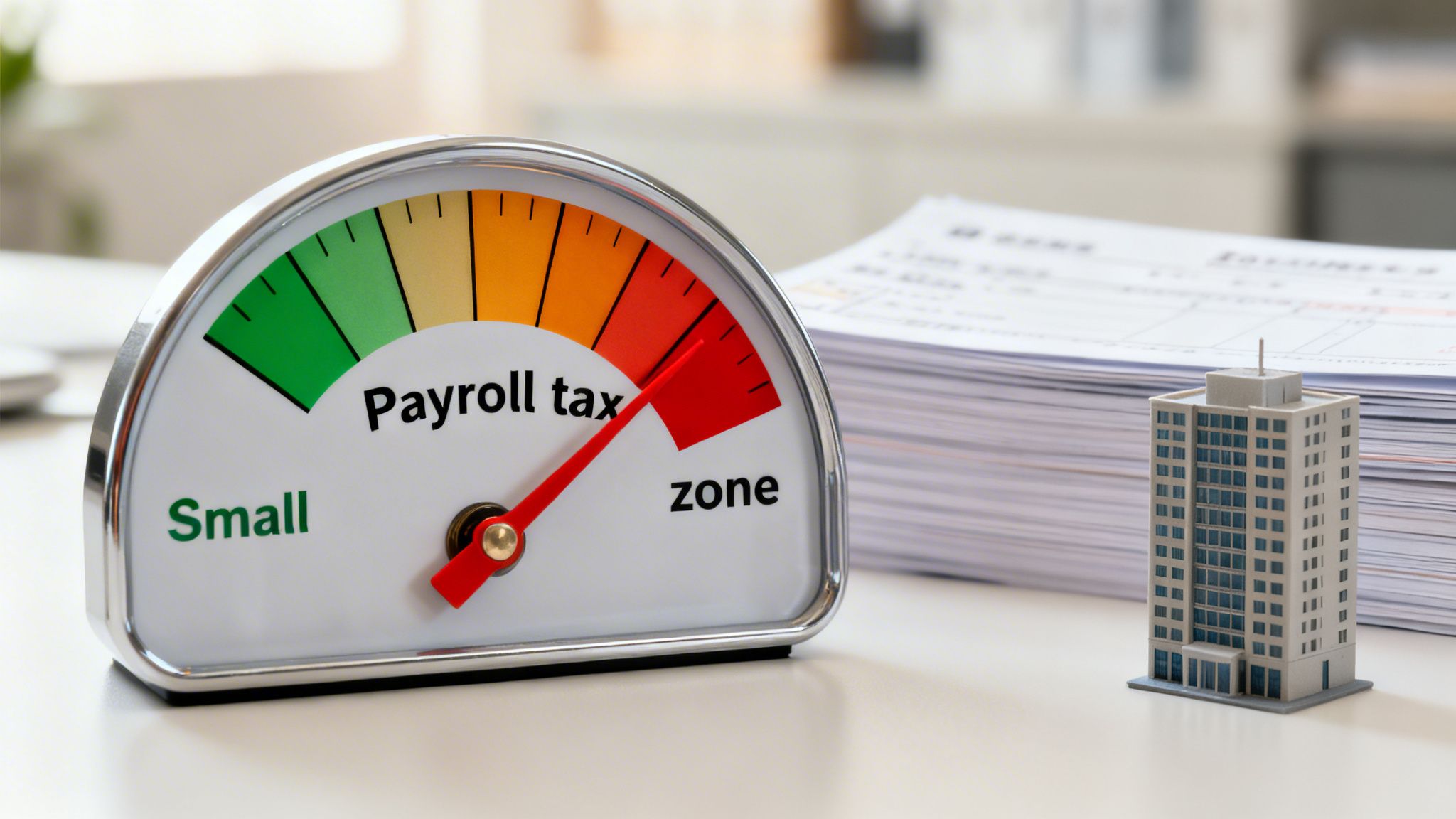 A gauge labelled "Payroll tax zone" with the needle entering the red section.
