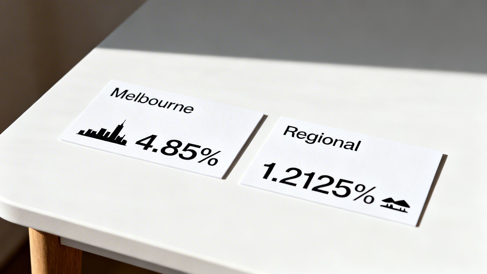 Cards comparing the metropolitan Melbourne rate of 4.85% with the regional Victorian rate of 1.2125%.