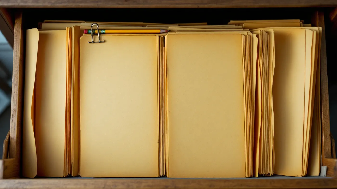 Manila folders standing in an open desk drawer.