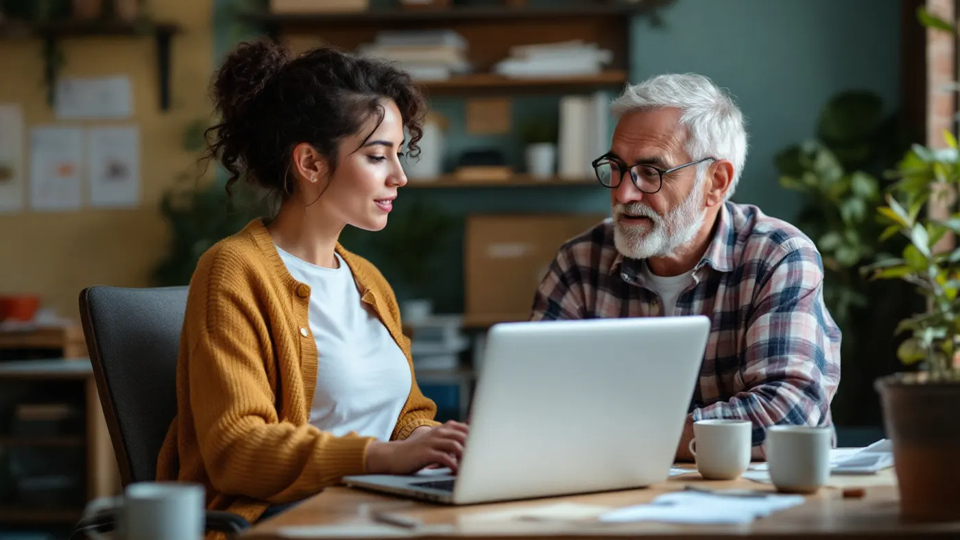 Two people reviewing accounts together on a laptop in a small back office.