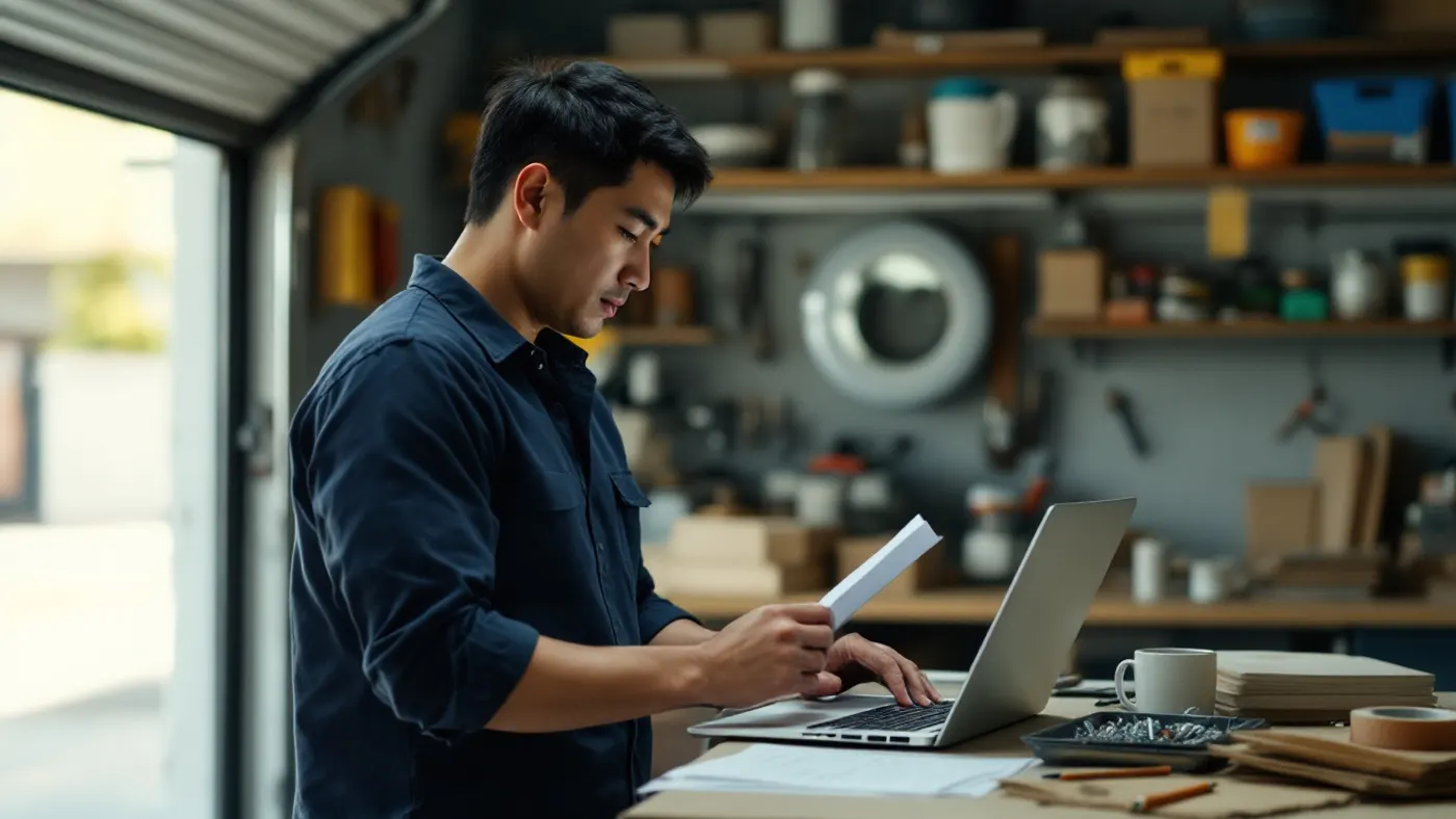A small business owner comparing a printed page against a laptop at a workshop bench.