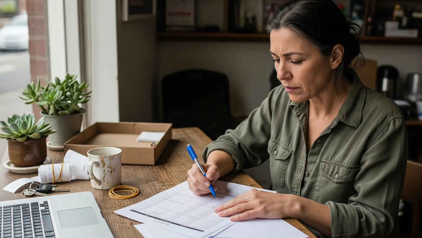 A small business owner reviewing a printed financial statement at a desk.