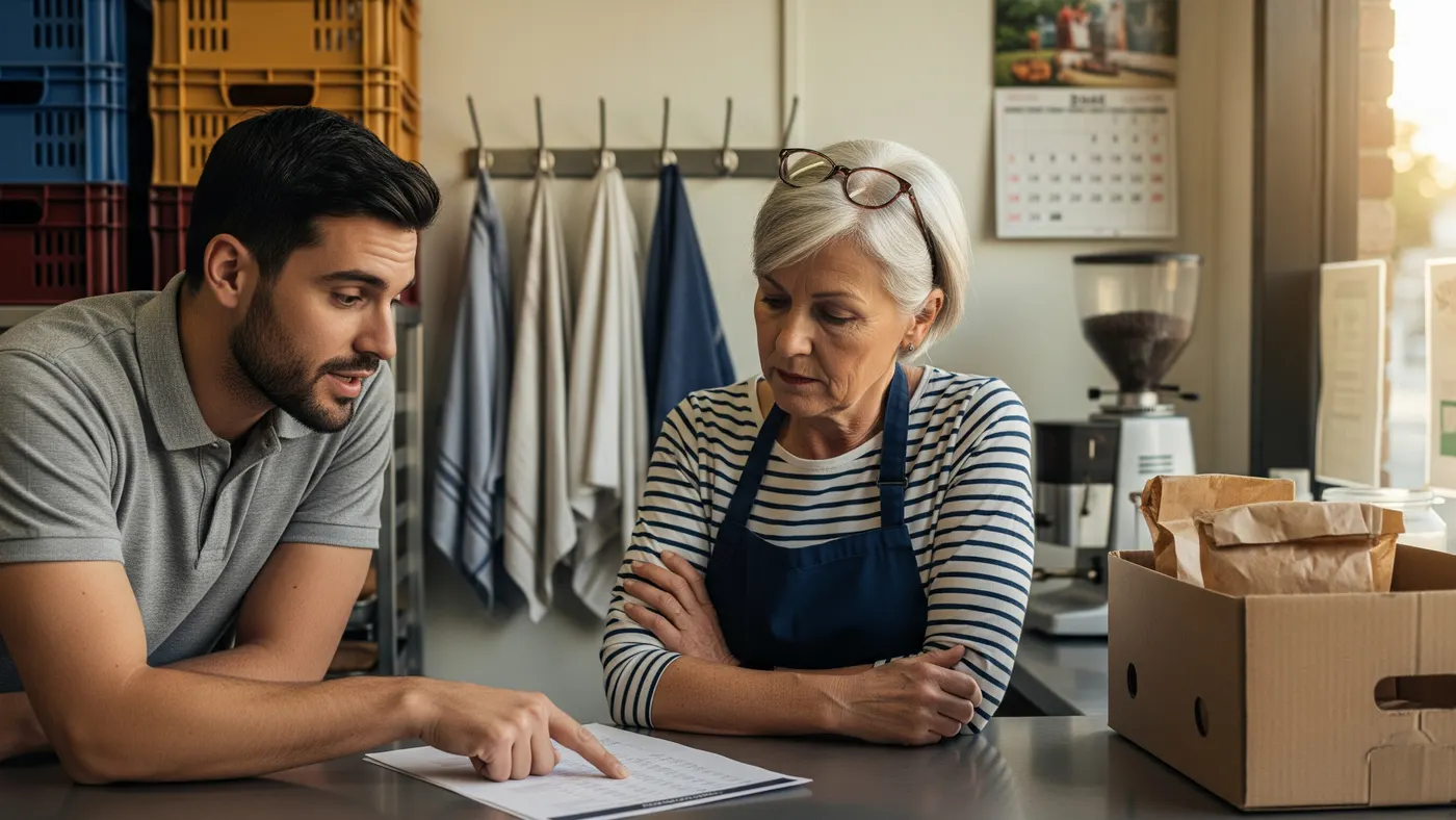 Two people at a shop counter reviewing a printed report together.