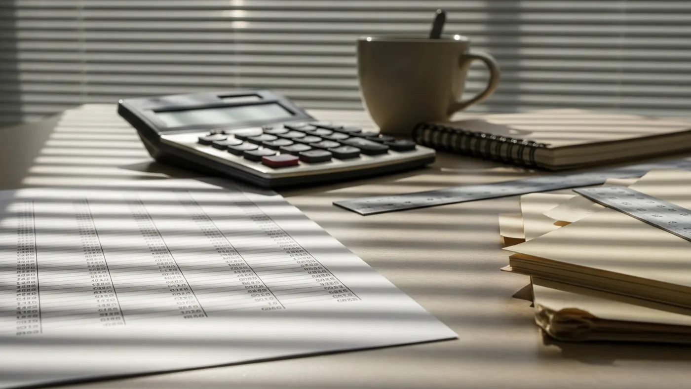 A printed financial report, calculator, notebook and manila folders on a desk in slatted afternoon light.