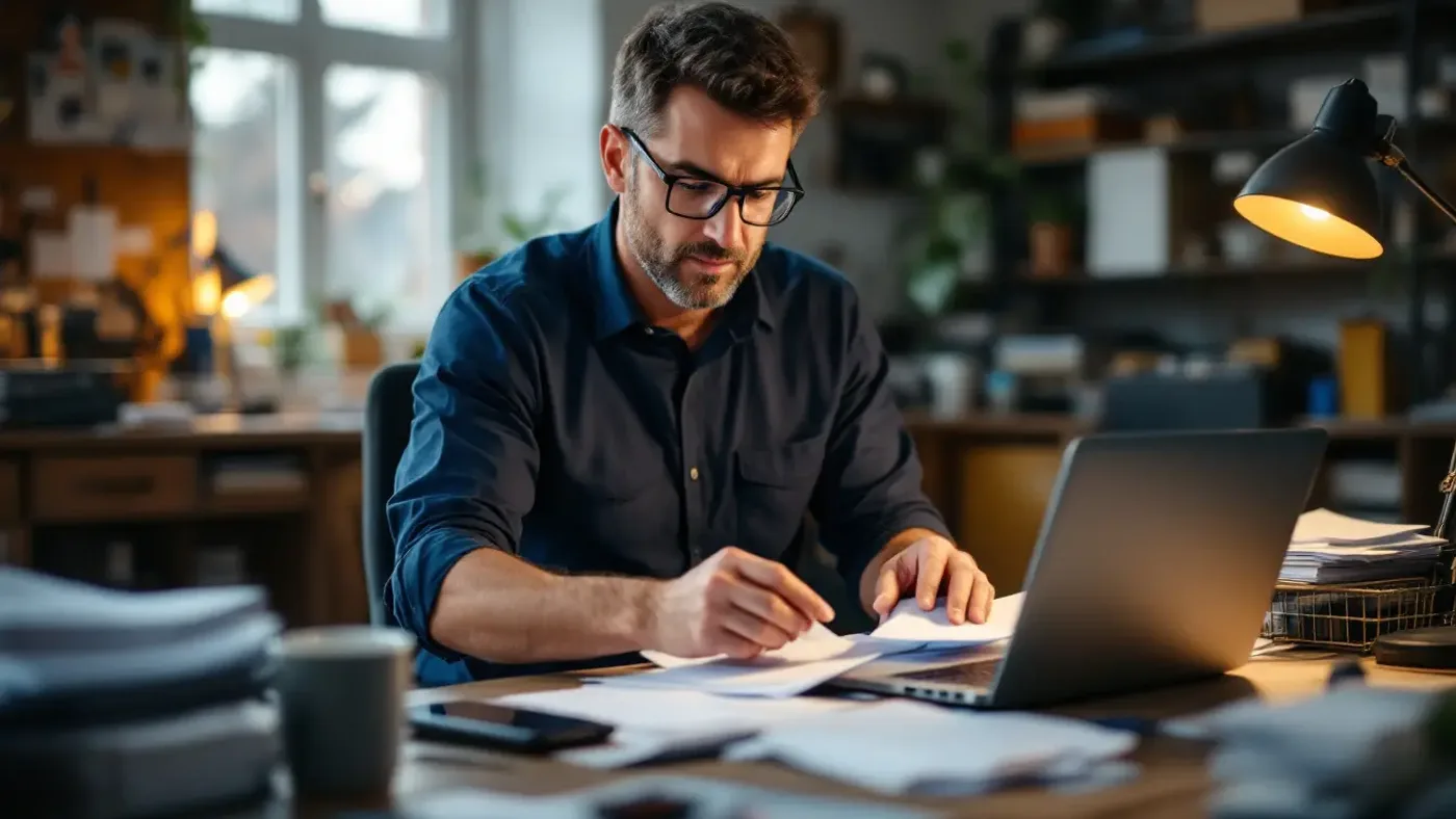 A man at a workshop office desk sorting a pile of paper invoices into two stacks beside an open laptop.