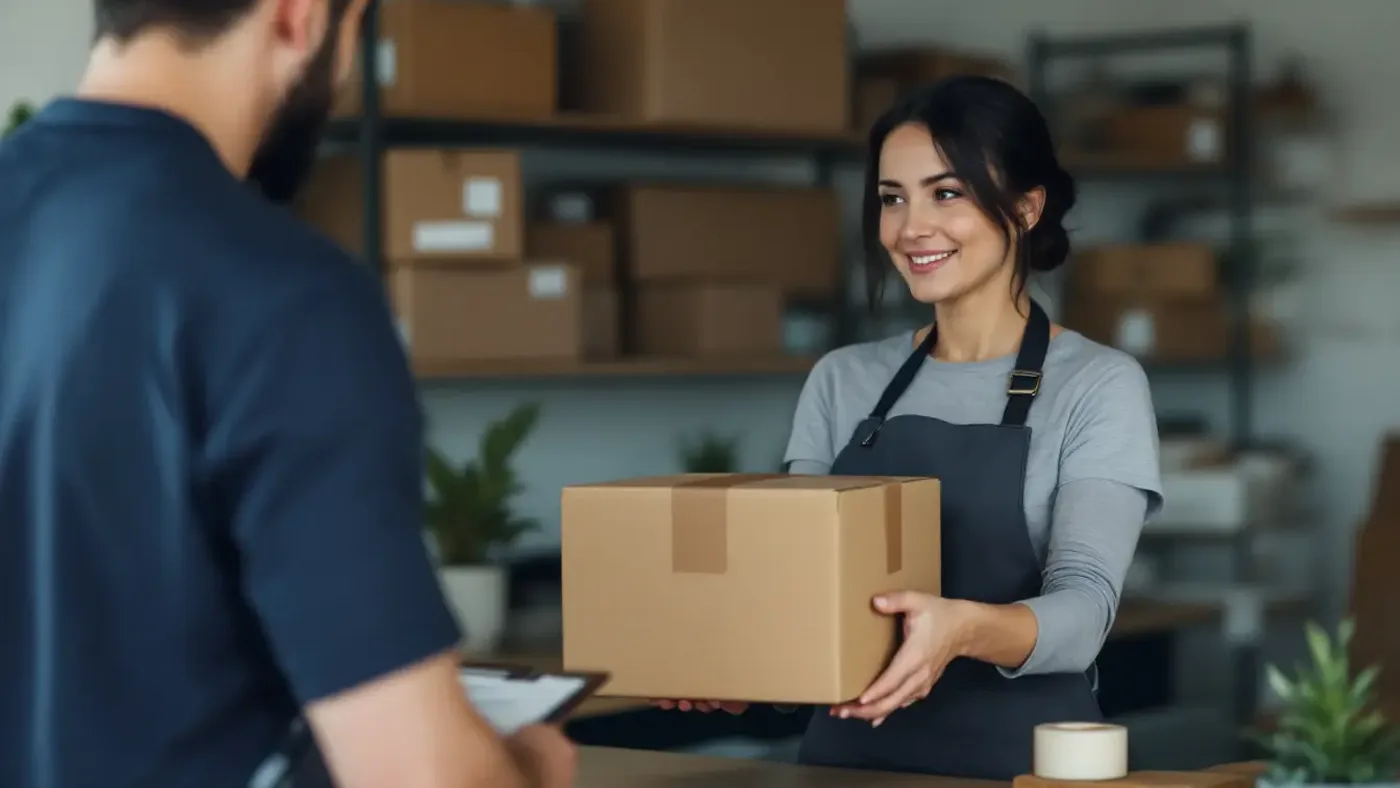 A woman in an apron handing a taped cardboard carton across the counter of a small workshop storefront to a courier.