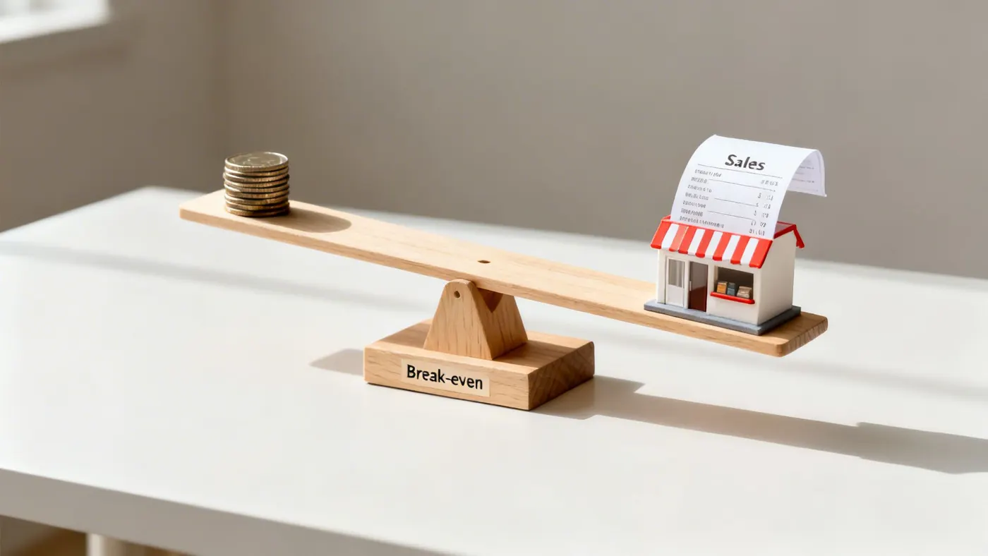 A balance scale weighing coins against a shop model and sales receipt.